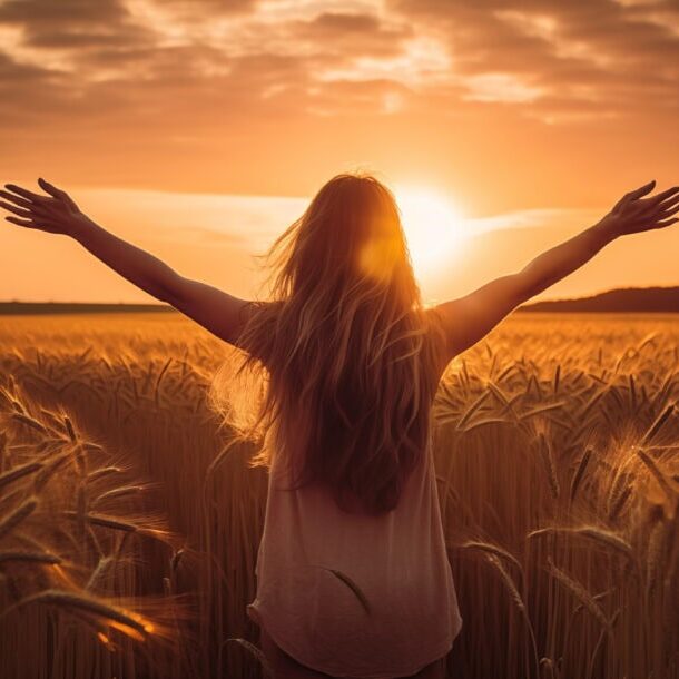 A woman with arms up or hands raised in a field possibly in praise at sunset concept